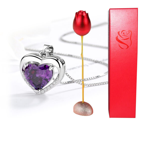 Valentines Day Gift Heart Shaped Blue Purple Crystal Diamond Pendant Rose Head Necklace - Image 4