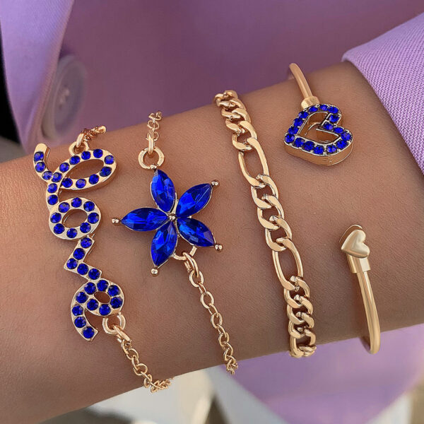 4pcs Blue Flower Love Butterfly Bracelet Set With Rhinestones Design Valentines Day