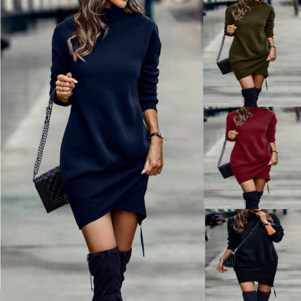 Long Sleeve Dress High Neck Cross Short Dress - Image 2